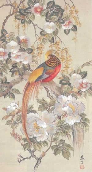 初紡糸のレーヨン糸で刺繍した花鳥図(初代会長 安川雄之助夫人作、縦約120cm×横約80cm、東レ記念館(滋賀)に現存)