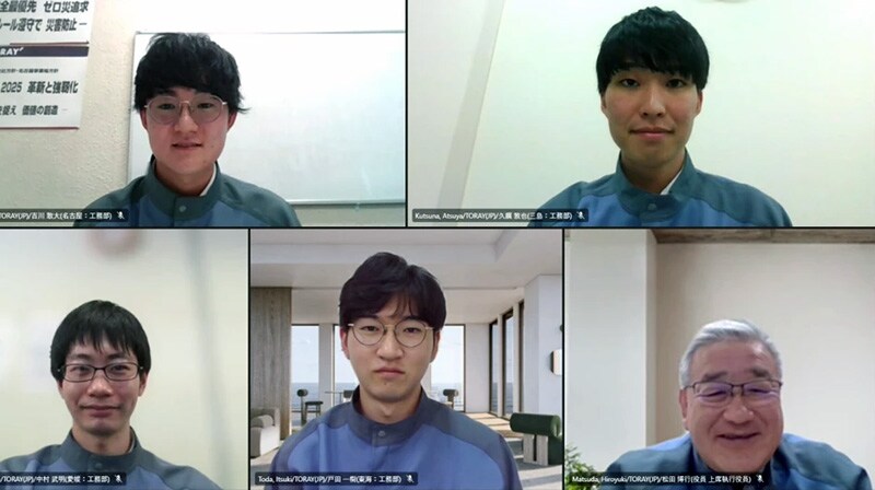 Web conference held by the Senior Vice President, Engineering Division (bottom right) to interact with new division employees (Toray Industries, Inc.)