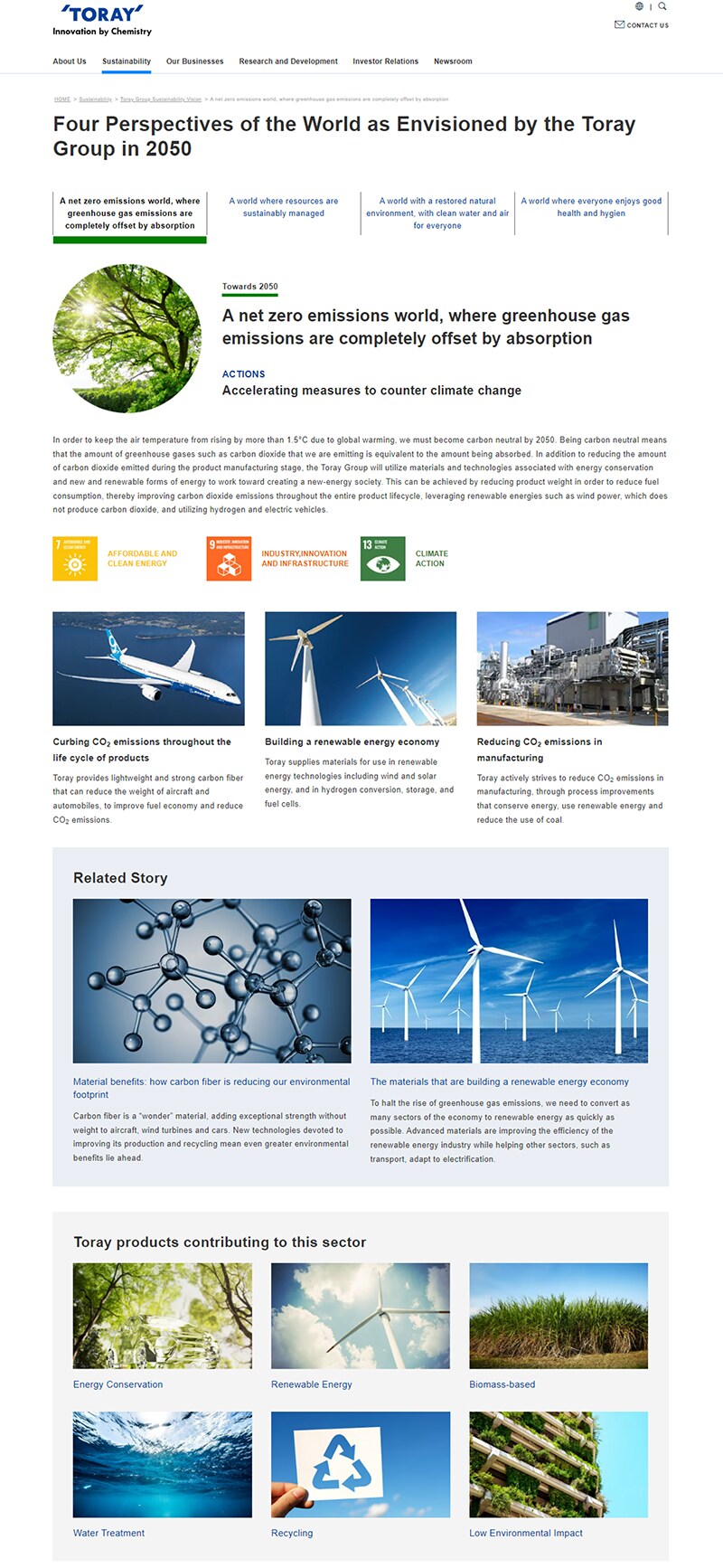 A net zero emissions world section of the Four Perspectives of the World as Envisioned by the Toray Group in 2050 page of the Toray website.
