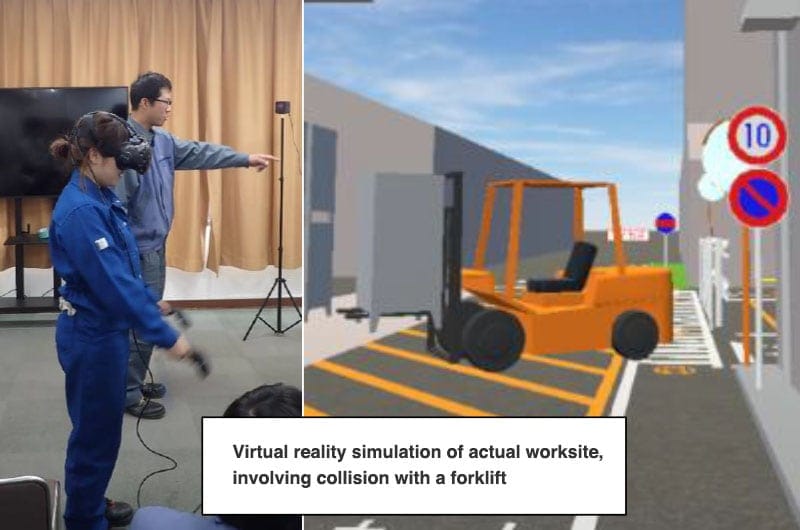 Simulation training at Nagoya Plant (Toray Industries, Inc.) Virtual reality simulation of actual worksite, involving collision with a forklift