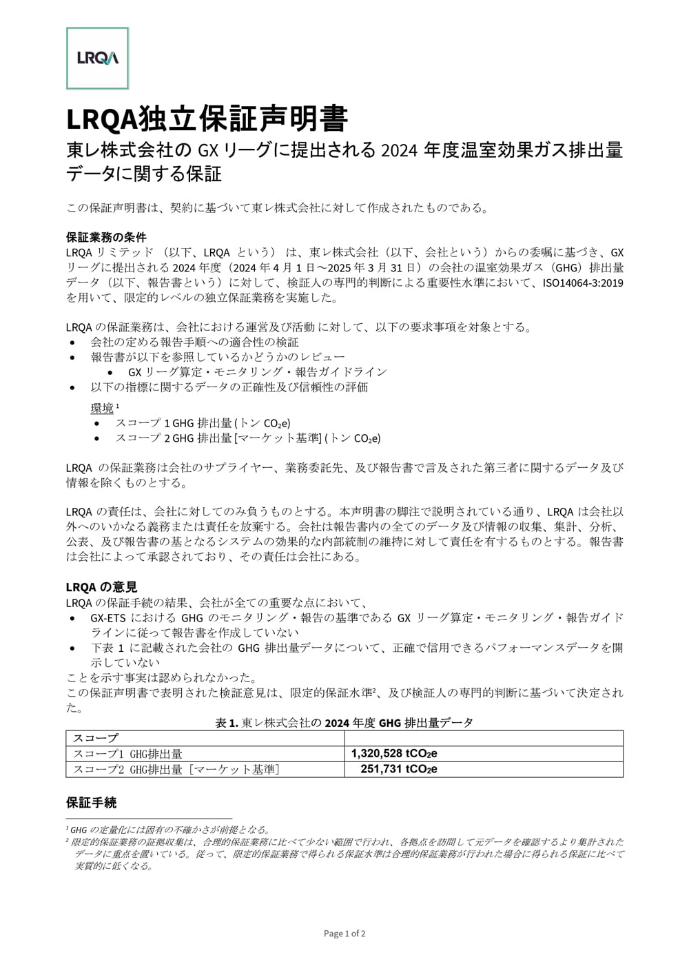 東レ株式会社のGX リーグに提出される2024 年度温室効果ガス排出量データに関する保証