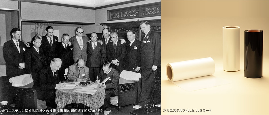 ポリエステルに関するICI社との技術提携契約調印式（1957年2月）、ポリエステルフィルム ルミラー®