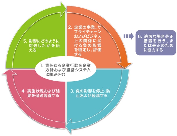サプライチェーンのデューデリジェンスプロセス：1.責任ある企業行動を企業方針および経営システムに組み込む・東レグループ人権方針・環境10原則・リサイクル活動指針・東レグループ 生物多様性方針・東レグループ緑化基本方針・東レグループCSR調達方針
・取引先へ「東レグループCSR調達行動指針」提示、「同意確認書」を取り付け 2.企業の事業、サプライチェーンおよびビジネス上の関係における負の影響を特定し、評価する・CSR調達アンケートの実施と評価・通報相談窓口の設置・CSR調達に関する高リスク課題調査・企業検索システムによる取引先リスクの確認・取引先への監査 3.負の影響を停止、防止および軽減する・CSR調達アンケート評価結果について取引先各社へ個別にフィードバック・低評価企業を訪問して改善要請 4.実施状況および結果を追跡調査する・次回のCSR調達アンケートなどで改善状況の確認 5.影響にどのように対処したかを伝える・CSRレポートや英国現代奴隷法声明文での公表 6.適切な場合是正措置を行う、または是正のために協力する
・苦情処理窓口の設置（通報相談窓口の設置）